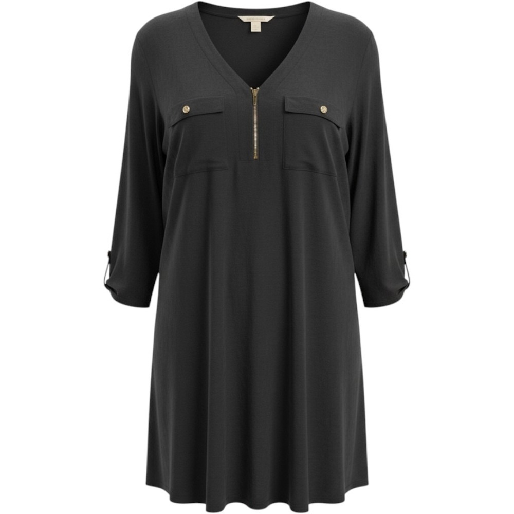 Good Days Only Black 3/4 Roll Tab Sleeve V-Neck Quarter Zip Tunic Top 2X DT7282X